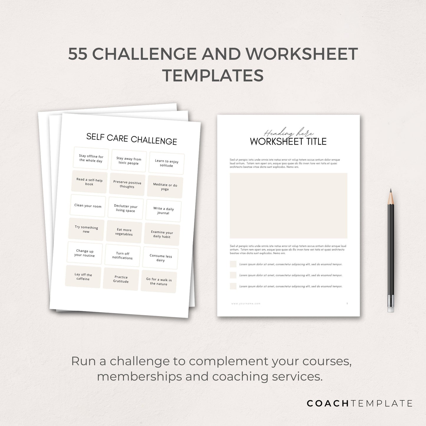 Challenge Worksheet Canva Template | Commercial Use Workbook Lead Magnet for Life Wellness Coach Spiritual business course content creator - CoachTemplate.com 30CTCW
Canva templates to help you create a challenge for your coaching business.