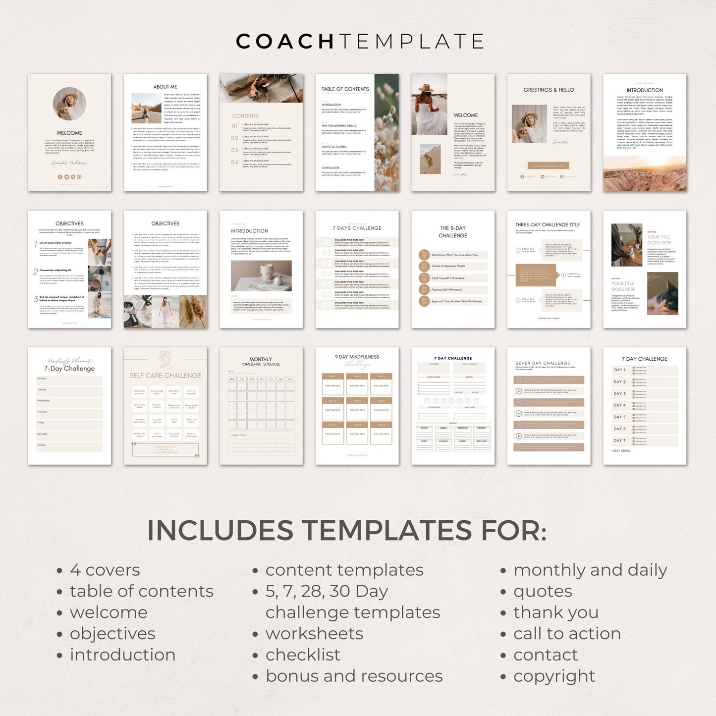 Challenge Worksheet Canva Template | Commercial Use Workbook Lead Magnet for Life Wellness Coach Spiritual business course content creator - CoachTemplate.com 30CTCW
Canva templates to help you create a challenge for your coaching business.