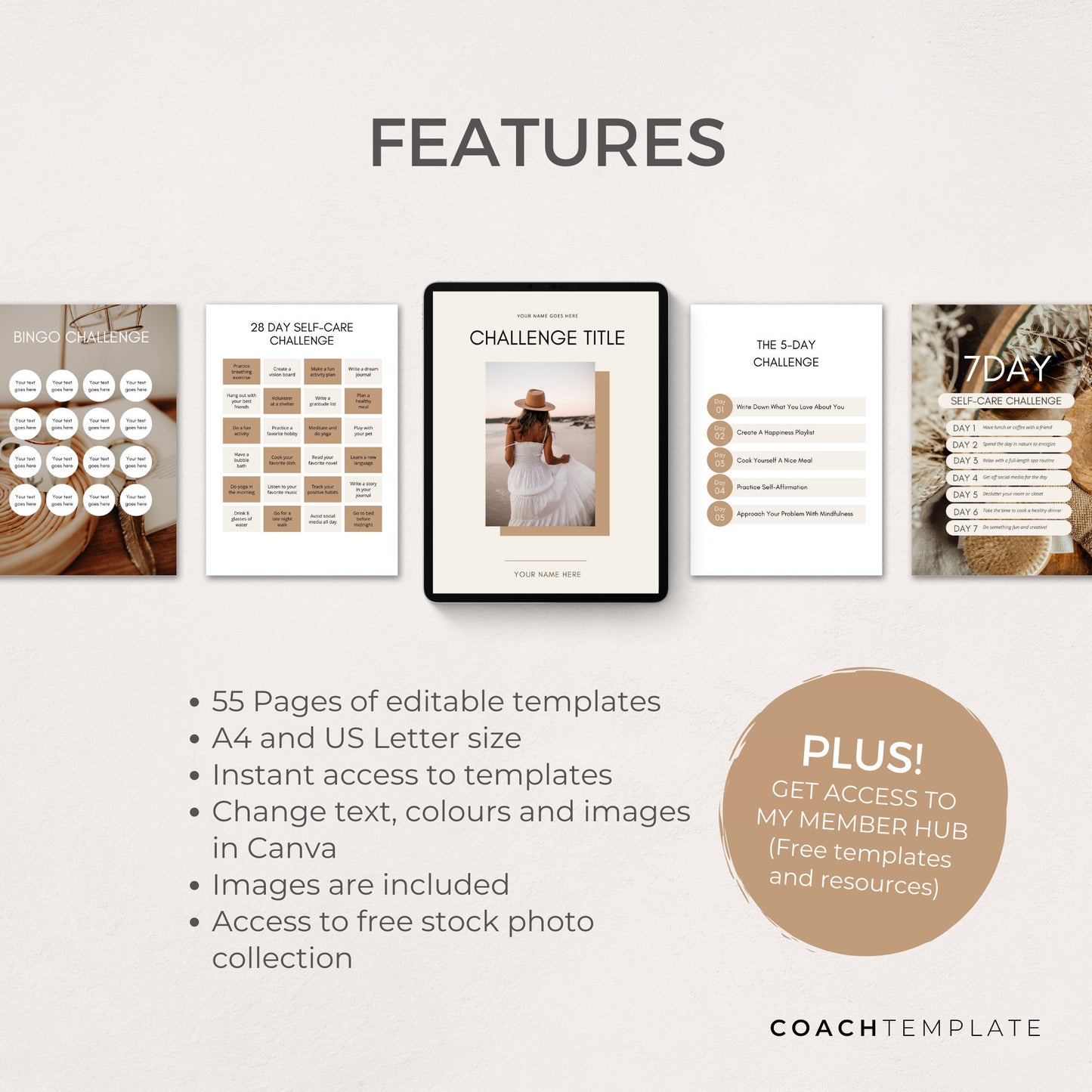 Challenge Worksheet Canva Template | Commercial Use Workbook Lead Magnet for Life Wellness Coach Spiritual business course content creator - CoachTemplate.com 30CTCW
Canva templates to help you create a challenge for your coaching business.