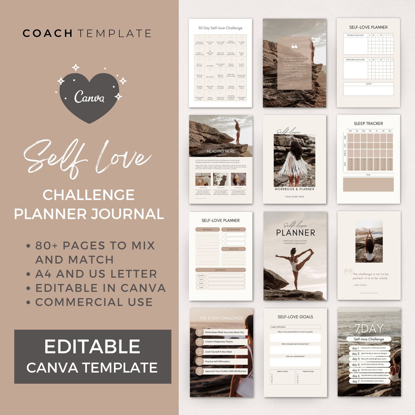 Self Love Challenge Planner Journal Canva Template - CoachTemplate.com CT034
Editable Self Love Challenge Planner Journal Canva Template | Workbook Lead Magnet Life Coaching business wellness blogger | Commercial Use