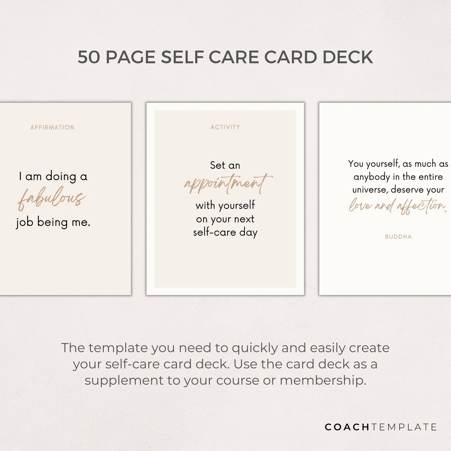 Editable Self Care Card Deck Canva Template | Affirmations Quotes Activities Journal Prompts | Wellness Life Coach Business | Commercial Use CT037
This 50 card template is what you need to quickly and easily create your self-care card deck.