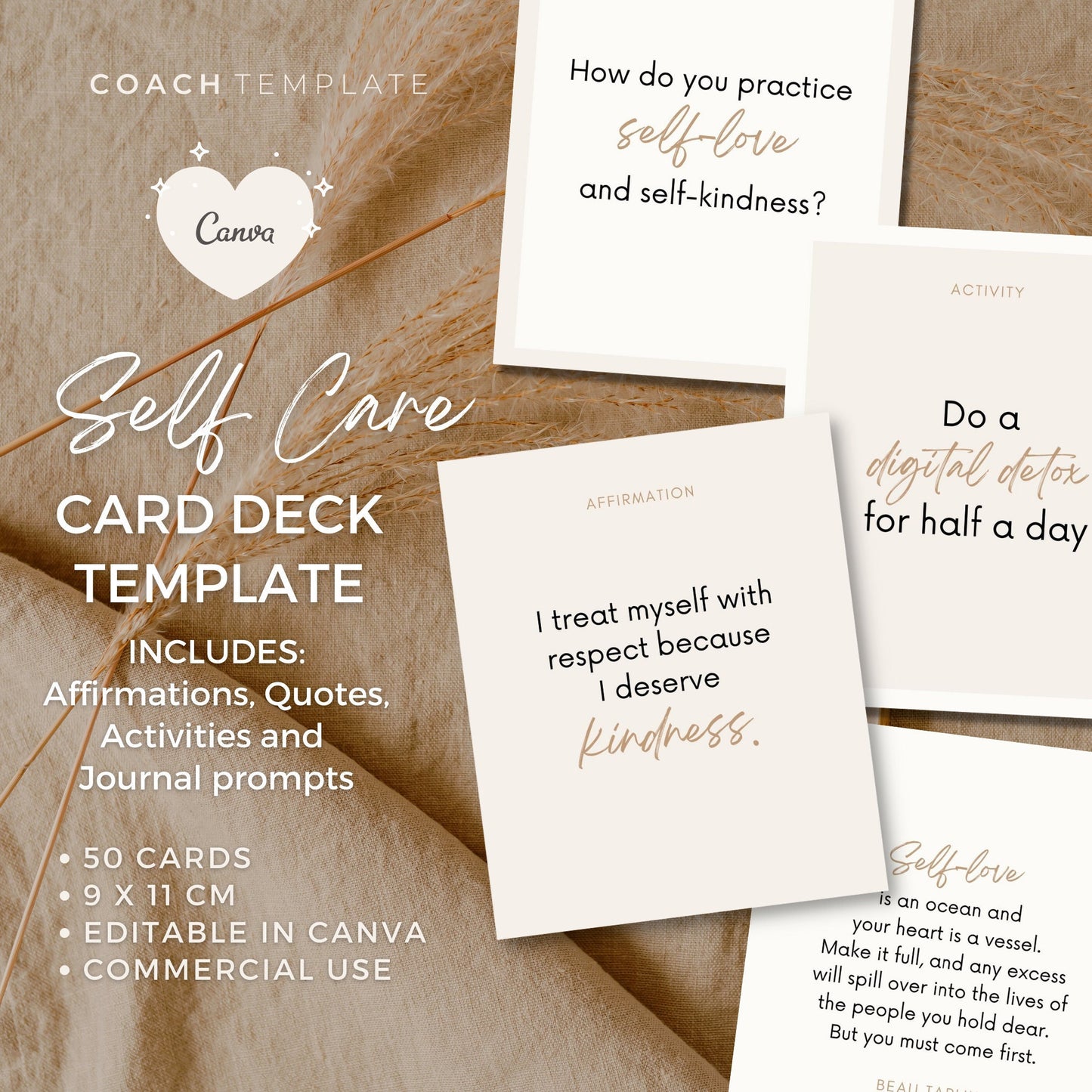 Editable Self Care Card Deck Canva Template | Affirmations Quotes Activities Journal Prompts | Wellness Life Coach Business | Commercial Use CT037
This 50 card template is what you need to quickly and easily create your self-care card deck.