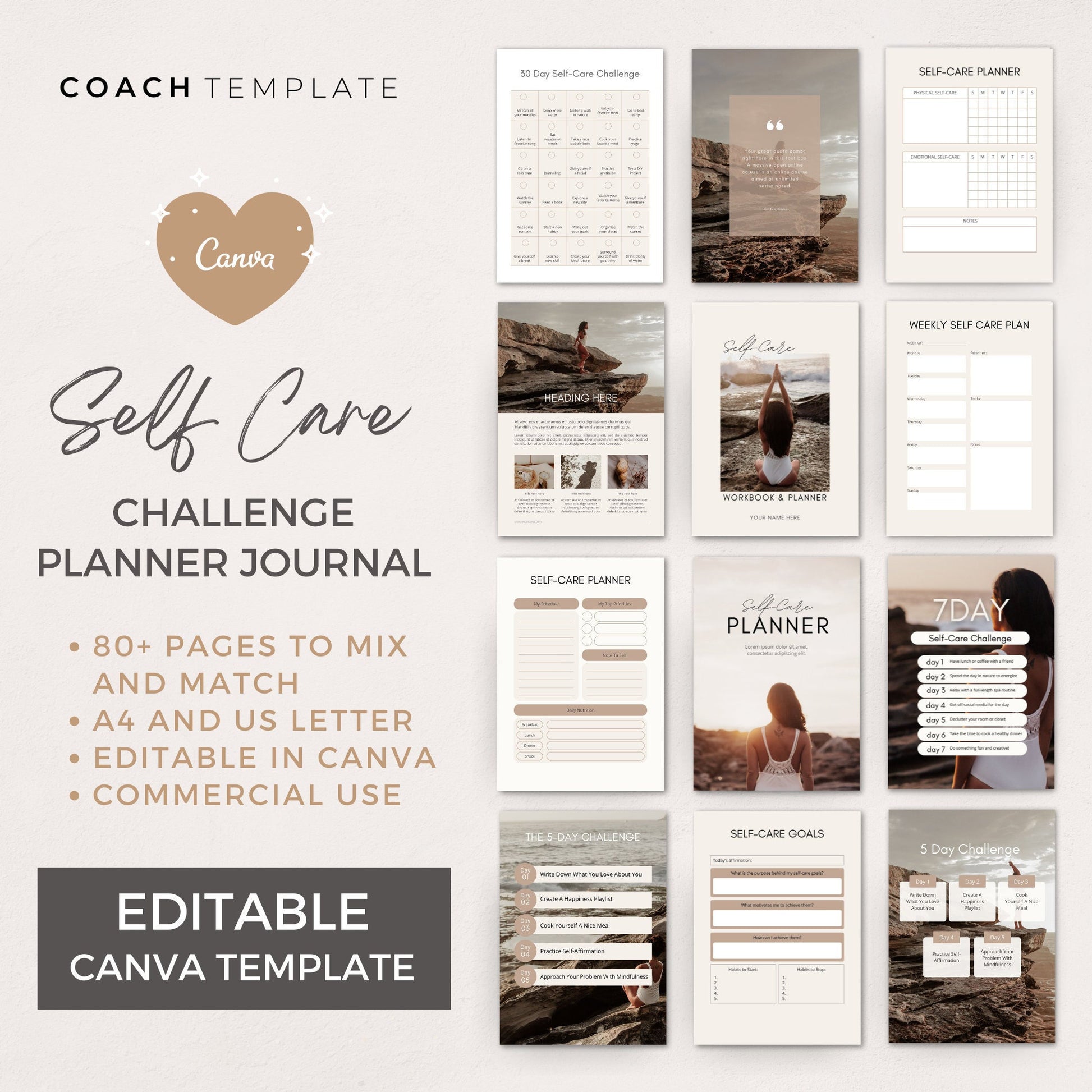 Self Care Challenge Planner Journal Canva Template - CoachTemplate.com 32CTSC
Editable Self Care Challenge Planner Journal Canva Template | Commercial Use Workbook Lead Magnet Coach Spiritual business content creator