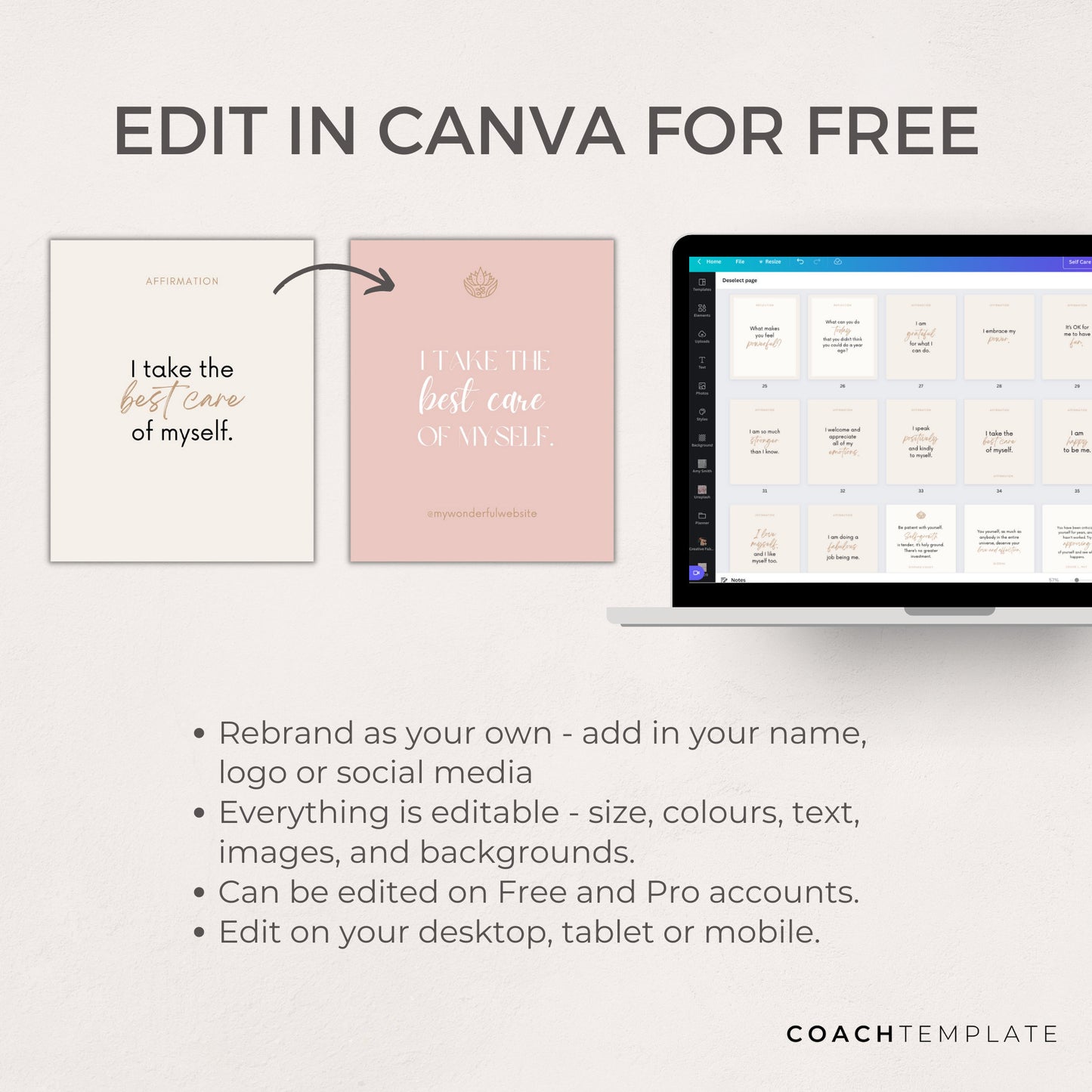 Editable Self Care Card Deck Canva Template | Affirmations Quotes Activities Journal Prompts | Wellness Life Coach Business | Commercial Use CT037
This 50 card template is what you need to quickly and easily create your self-care card deck.