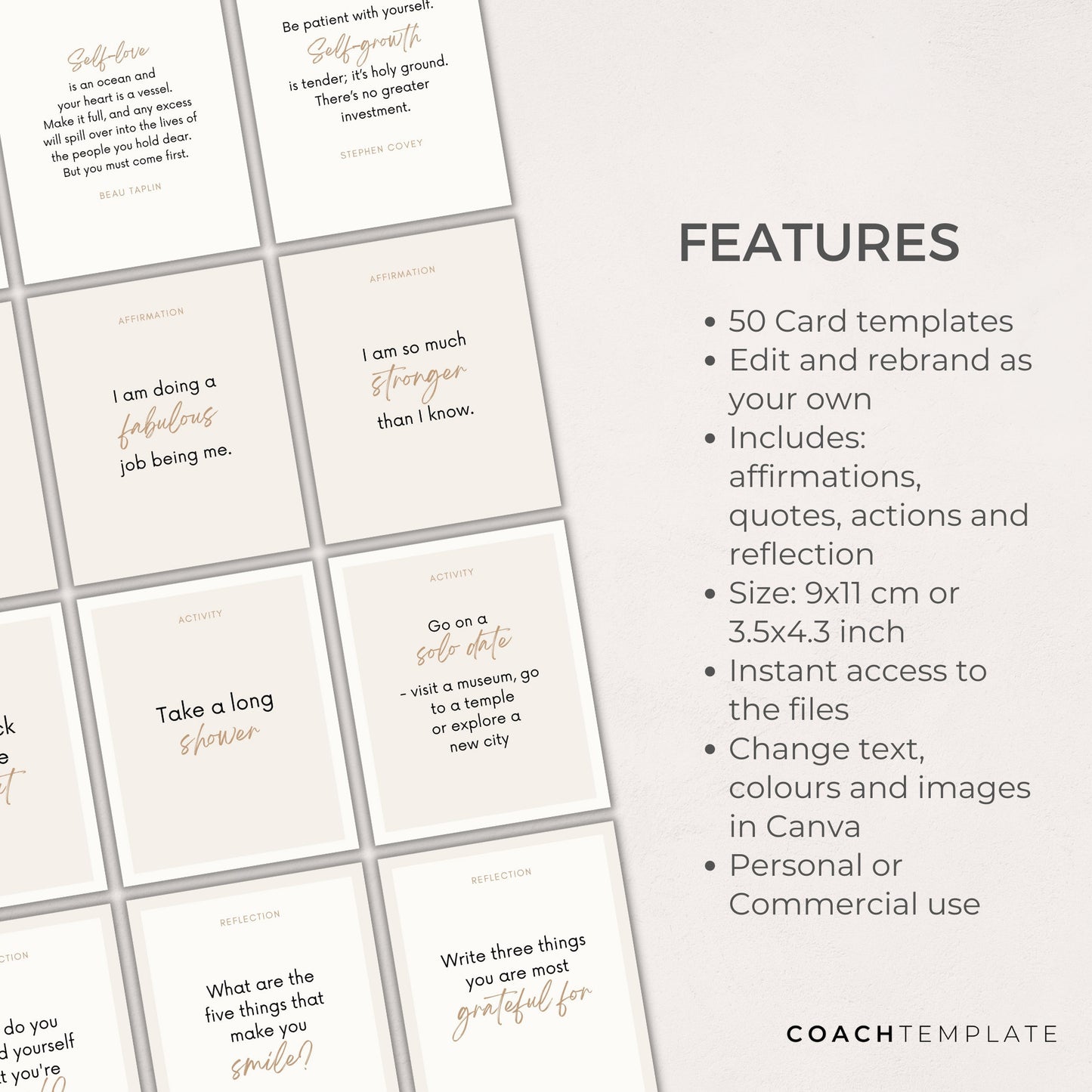 Editable Self Care Card Deck Canva Template | Affirmations Quotes Activities Journal Prompts | Wellness Life Coach Business | Commercial Use CT037
This 50 card template is what you need to quickly and easily create your self-care card deck.