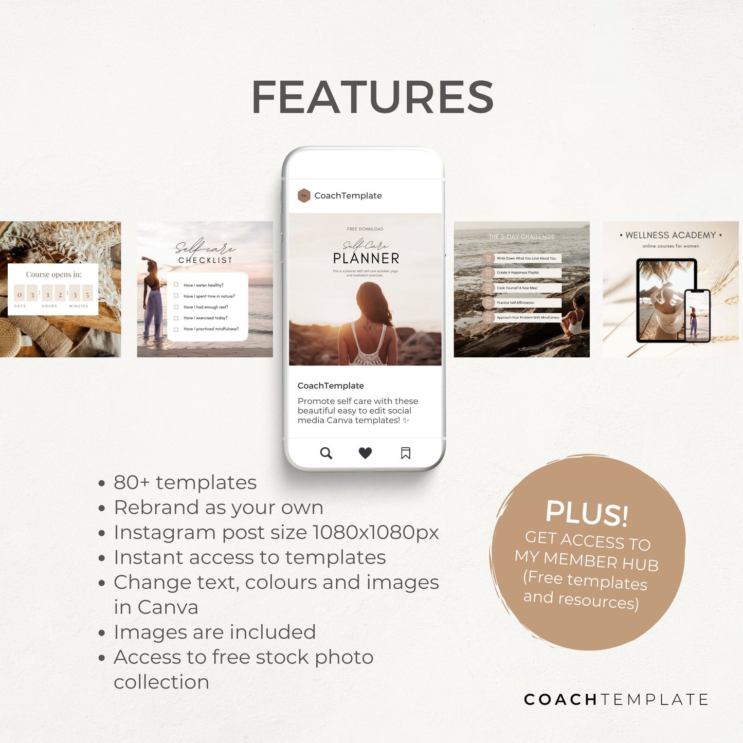 Editable Self Care Instagram Social Media Canva Template | Challenge Lead Magnet for Life Wellness Spiritual Coach Blogger content creator
Everything you need to create social media graphics to promote self care. -CoachTemplate.com CT038