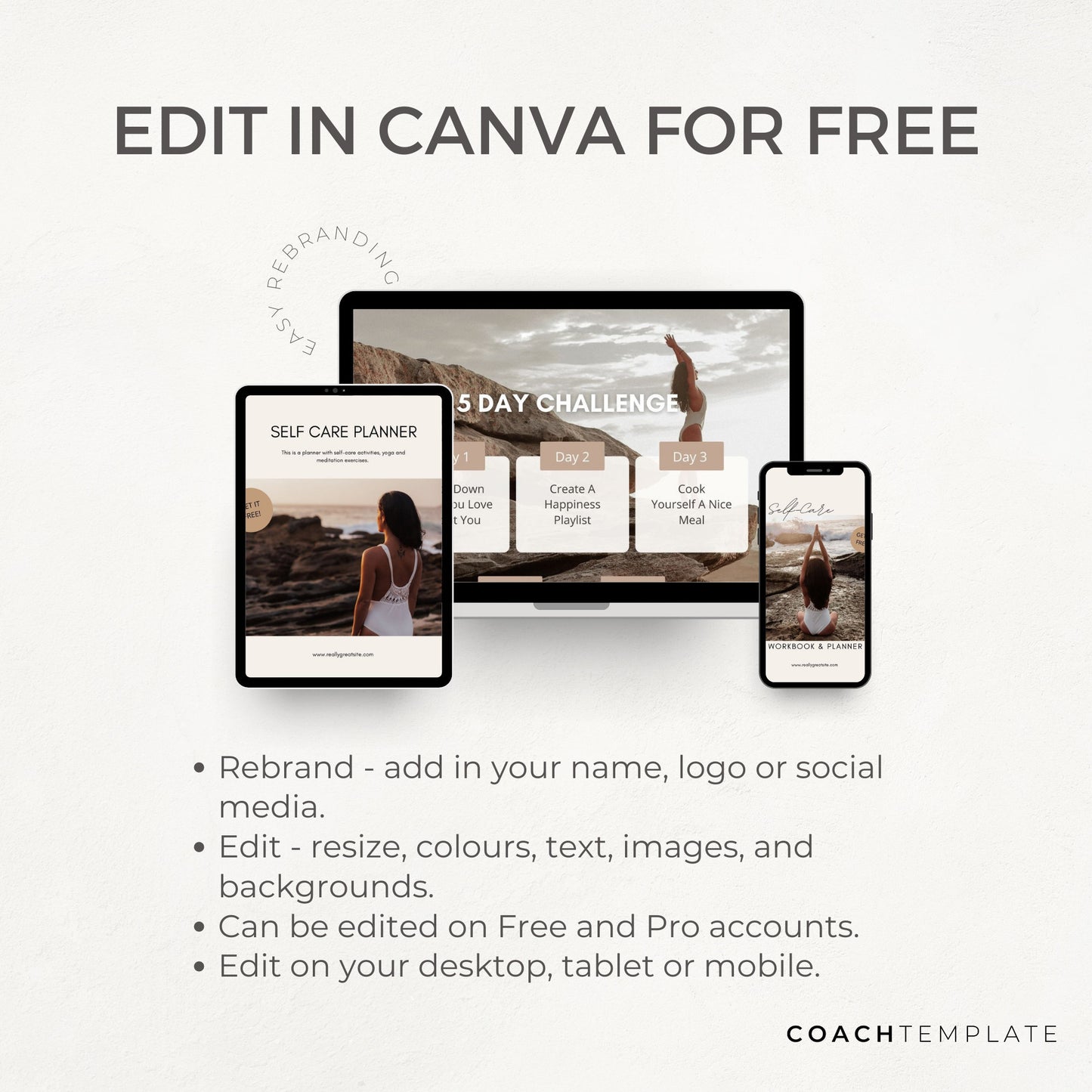 Editable Self Care Instagram Social Media Canva Template | Challenge Lead Magnet for Life Wellness Spiritual Coach Blogger content creator
Everything you need to create social media graphics to promote self care. -CoachTemplate.com CT038