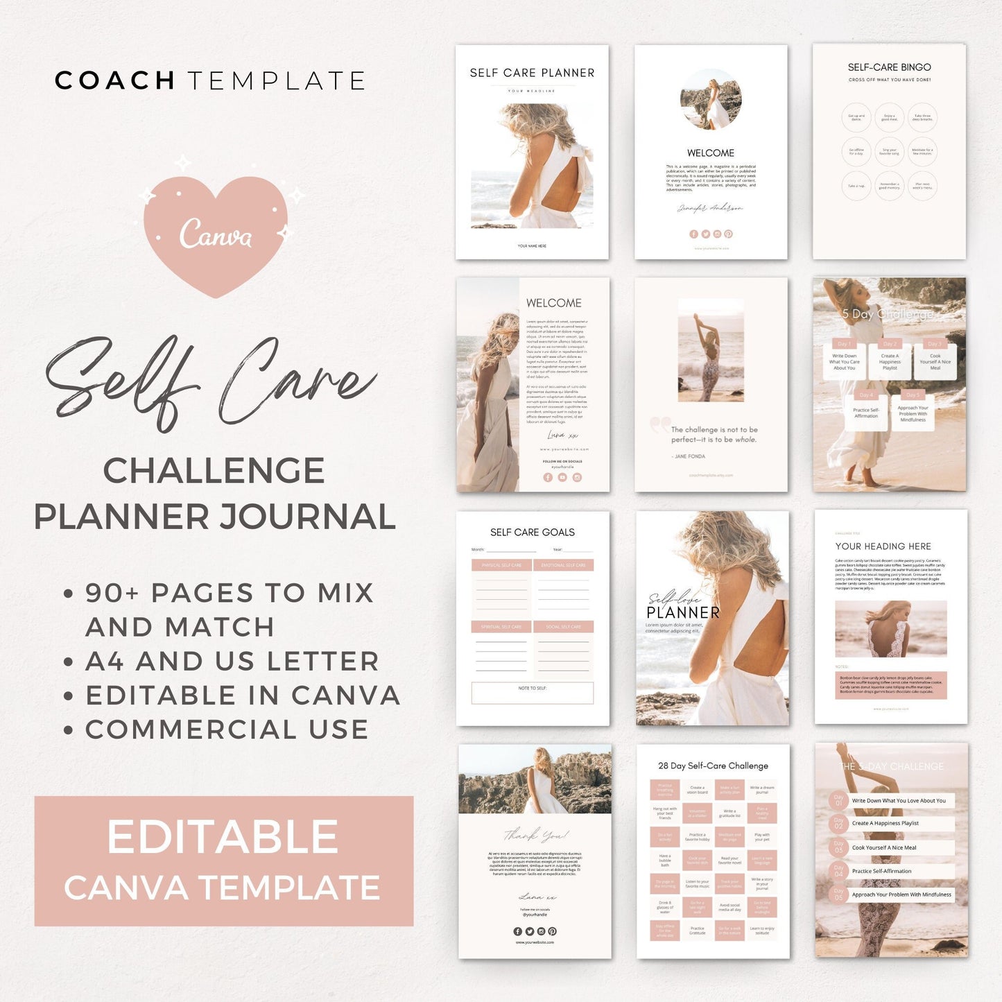 Editable Self Care Challenge Planner Journal Canva Template | Workbook Lead Magnet for Life Coach Wellness Blogger Business | Commercial Use
Self Care Challenge Planner Journal Canva Template CT036 - CoachTemplate.etsy.com