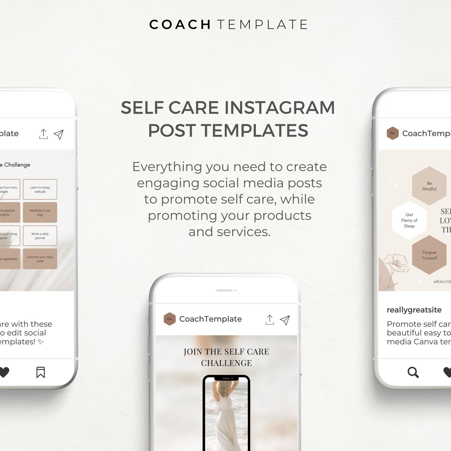 Editable Self Care Instagram Social Media Canva Template | Challenge Lead Magnet for Life Wellness Spiritual Coach Blogger content creator
Everything you need to create social media graphics to promote self care. -CoachTemplate.com CT038