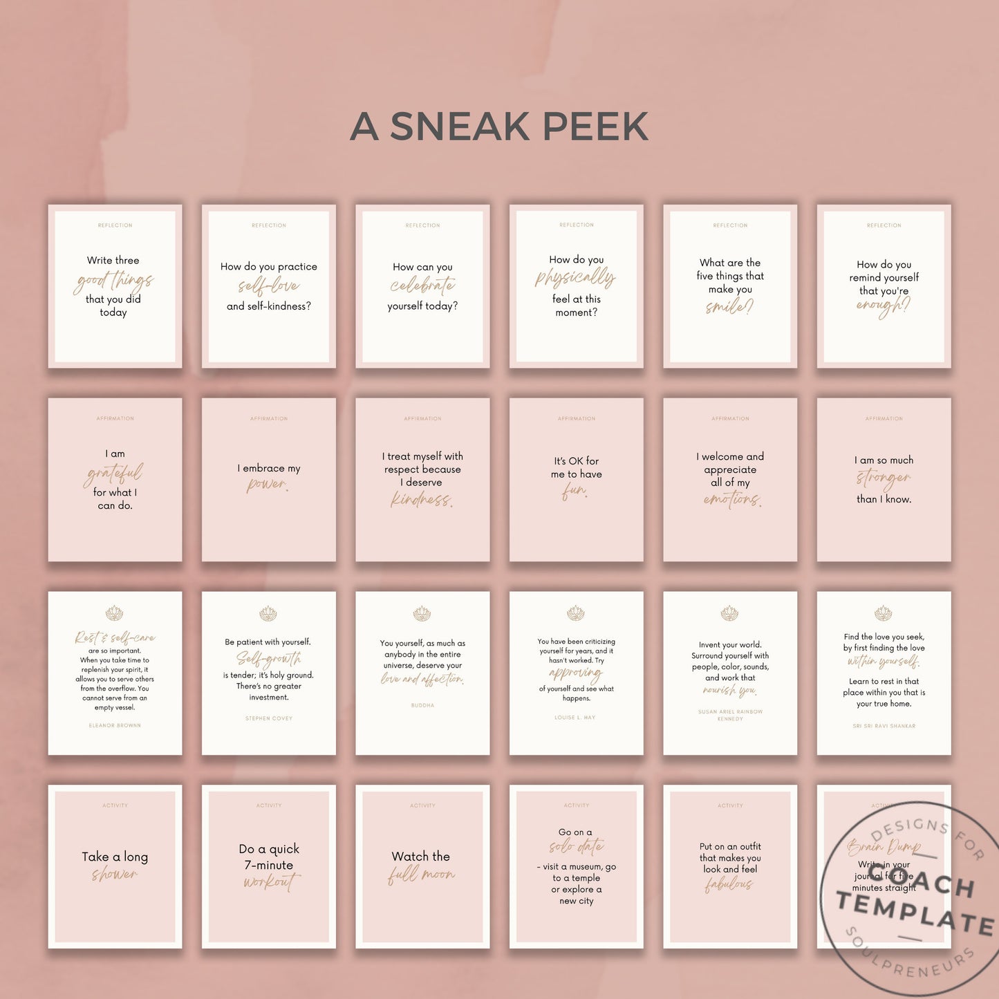 Self Love Card Deck Editable Canva Template | Journal Prompts Affirmations Quotes Activities | Wellness Life Coach Business | Commercial Use