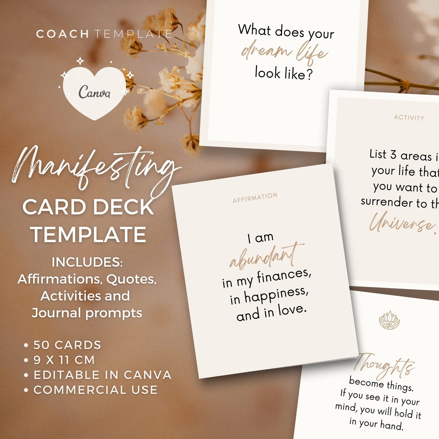 Editable Manifesting Card Deck Canva Template | Manifestation Law of Attraction Affirmation Quote Activity Journal Prompt | Commercial Use
A 50 card template to quickly and easily create your manifesting card deck. CoachTemplate.com CT043