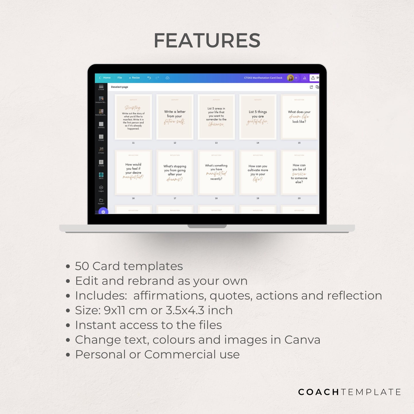Gratitude Card Deck Canva Template | Gratefulness Affirmation Quote Activity Journal Prompt | Spiritual Life Wellness Coach | Commercial Use
This 50 card template is what you need to easily create a Gratitude card deck. CoachTemplate.com CT045