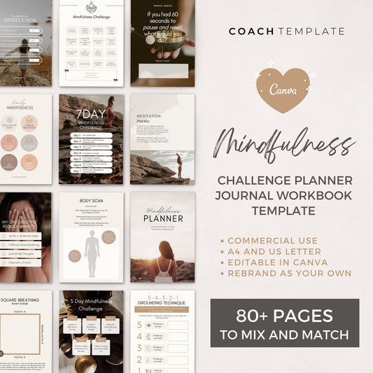 Editable Mindfulness Canva Template with over 80 customisable pages for ebooks, workbooks, planners and journals. Includes daily, weekly, monthly mindfulness and meditation planners, breathing exercises, meditation steps, gratitude prompts, goal trackers, and checklists. Perfect for a mindfulness coach, meditation coach, holistic health and wellness coach, yoga teacher, and spiritual life coach. Fully editable and rebrandable for digital products or lead magnets.