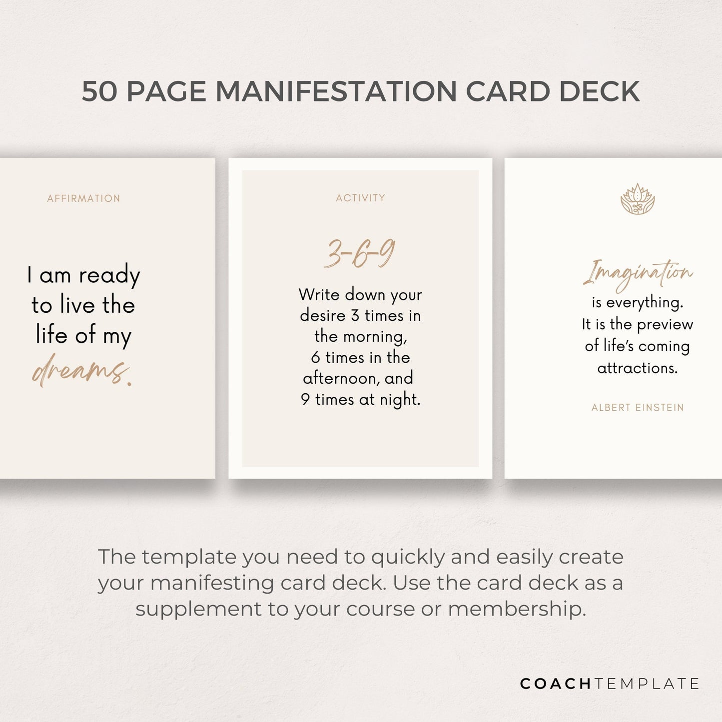 Editable Manifesting Card Deck Canva Template | Manifestation Law of Attraction Affirmation Quote Activity Journal Prompt | Commercial Use
A 50 card template to quickly and easily create your manifesting card deck. CoachTemplate.com CT043