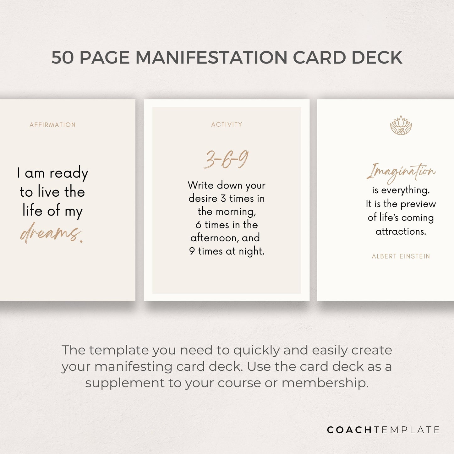 Editable Manifesting Card Deck Canva Template | Manifestation Law of Attraction Affirmation Quote Activity Journal Prompt | Commercial Use 

A 50 card template to quickly and easily create your manifesting card deck. CoachTemplate.com CT043