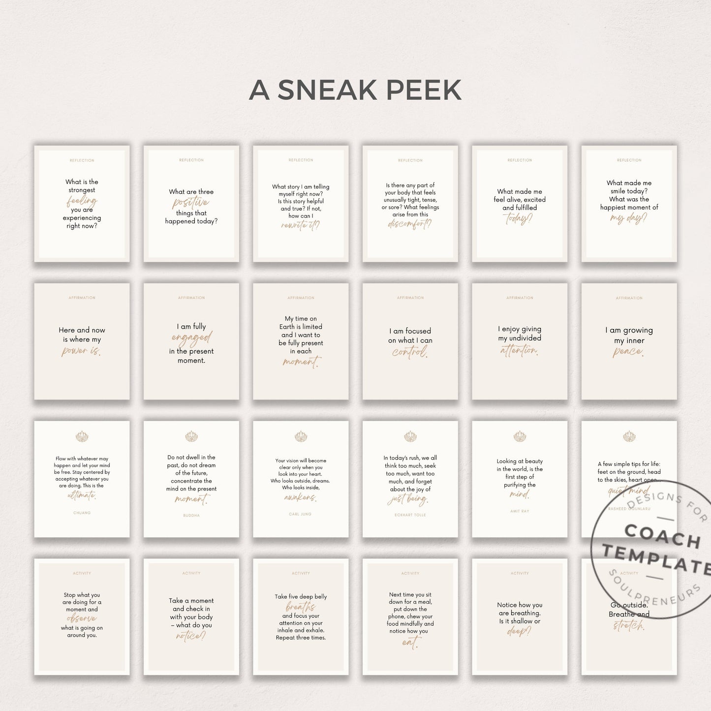 Mindfulness Card Deck Canva Template | Affirmation Quote Activity Journal Prompt | Spiritual Life Wellness Coach | Editable Commercial Use
A 50 card template to quickly and easily create your mindfulness card deck. CoachTemplate.com CT044