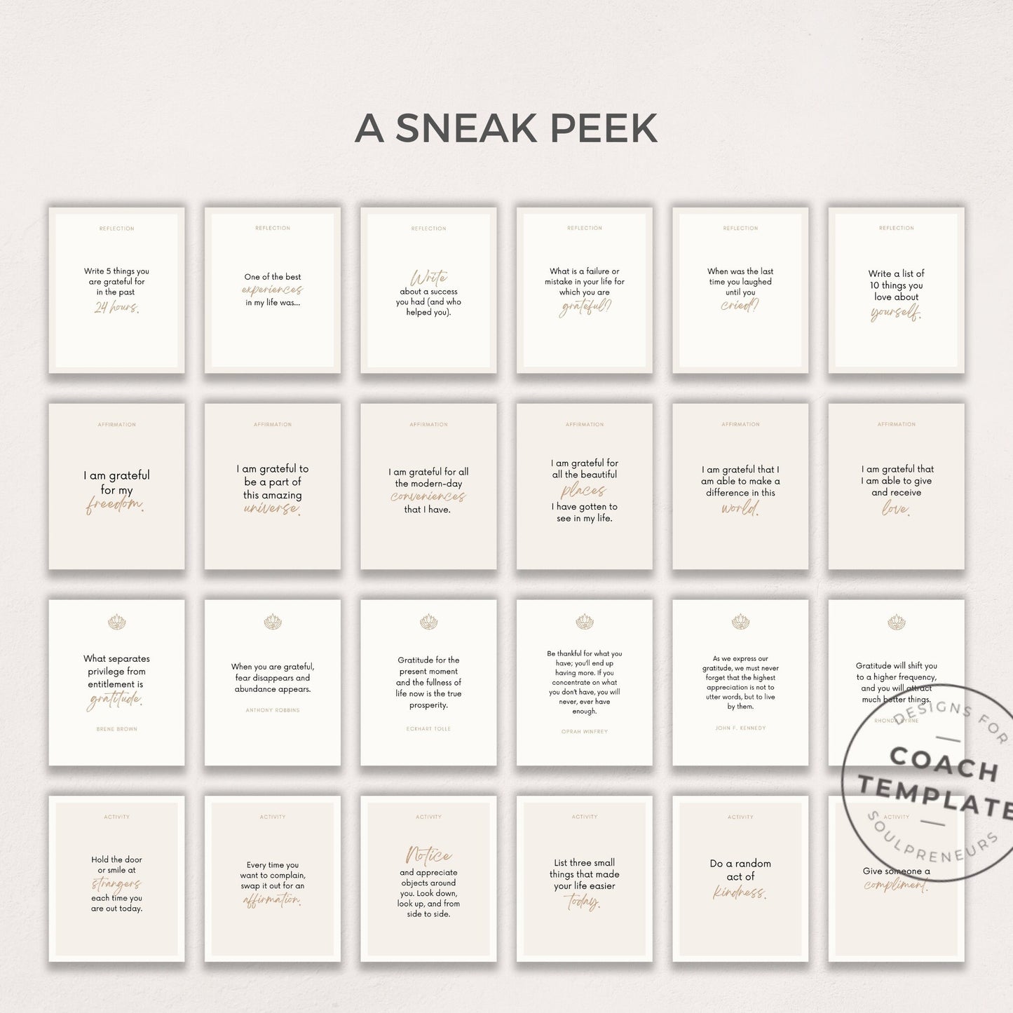 Gratitude Card Deck Canva Template | Gratefulness Affirmation Quote Activity Journal Prompt | Spiritual Life Wellness Coach | Commercial Use
This 50 card template is what you need to easily create a Gratitude card deck. CoachTemplate.com CT045
