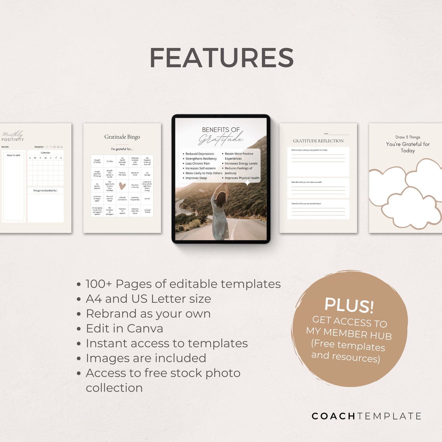 Gratitude Challenge Planner Workbook Journal Editable Canva Template | Life Wellness Spiritual Coach Business Content Creator Commercial Use
CT046 CoachTemplate.com
