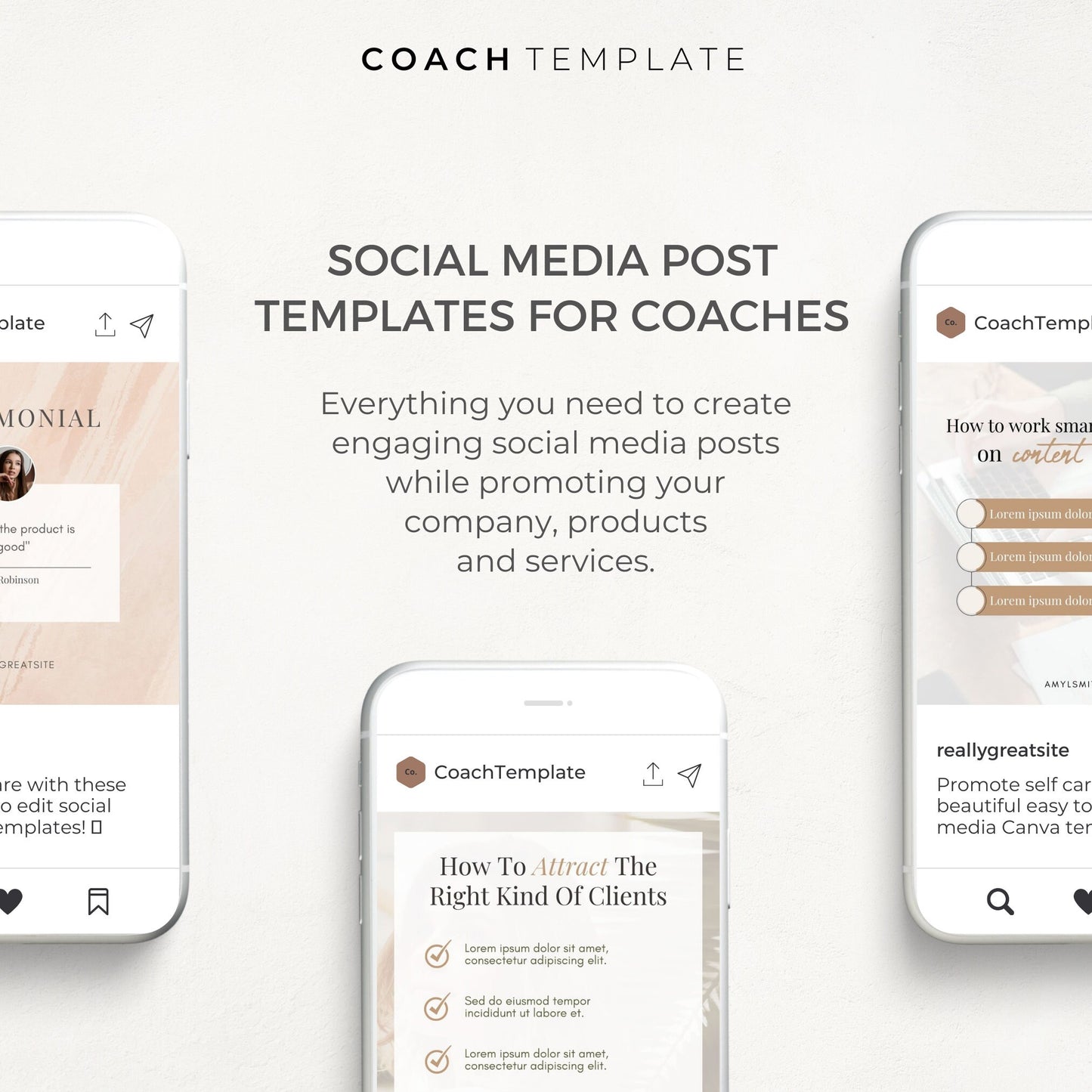 Editable Social Media Posts for Coaches | Canva Template for Life Wellness Business Spiritual Coach Blogger | Testimonials Motivation Quotes Promotional Posts
CT053 CoachTemplate.com