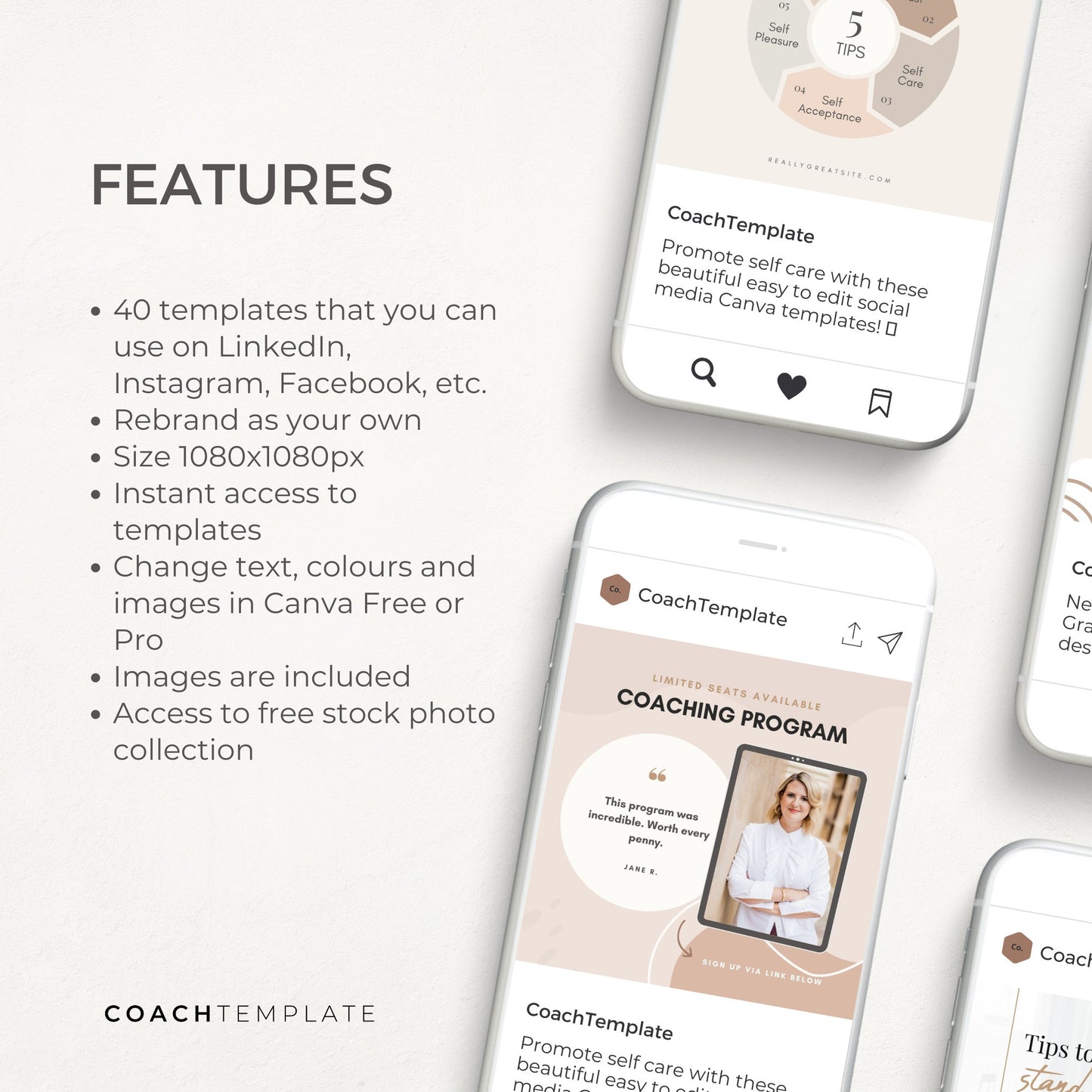 Editable Social Media Posts for Coaches | Canva Template for Life Wellness Business Spiritual Coach Blogger | Testimonials Motivation Quotes Promotional Posts
CT053 CoachTemplate.com