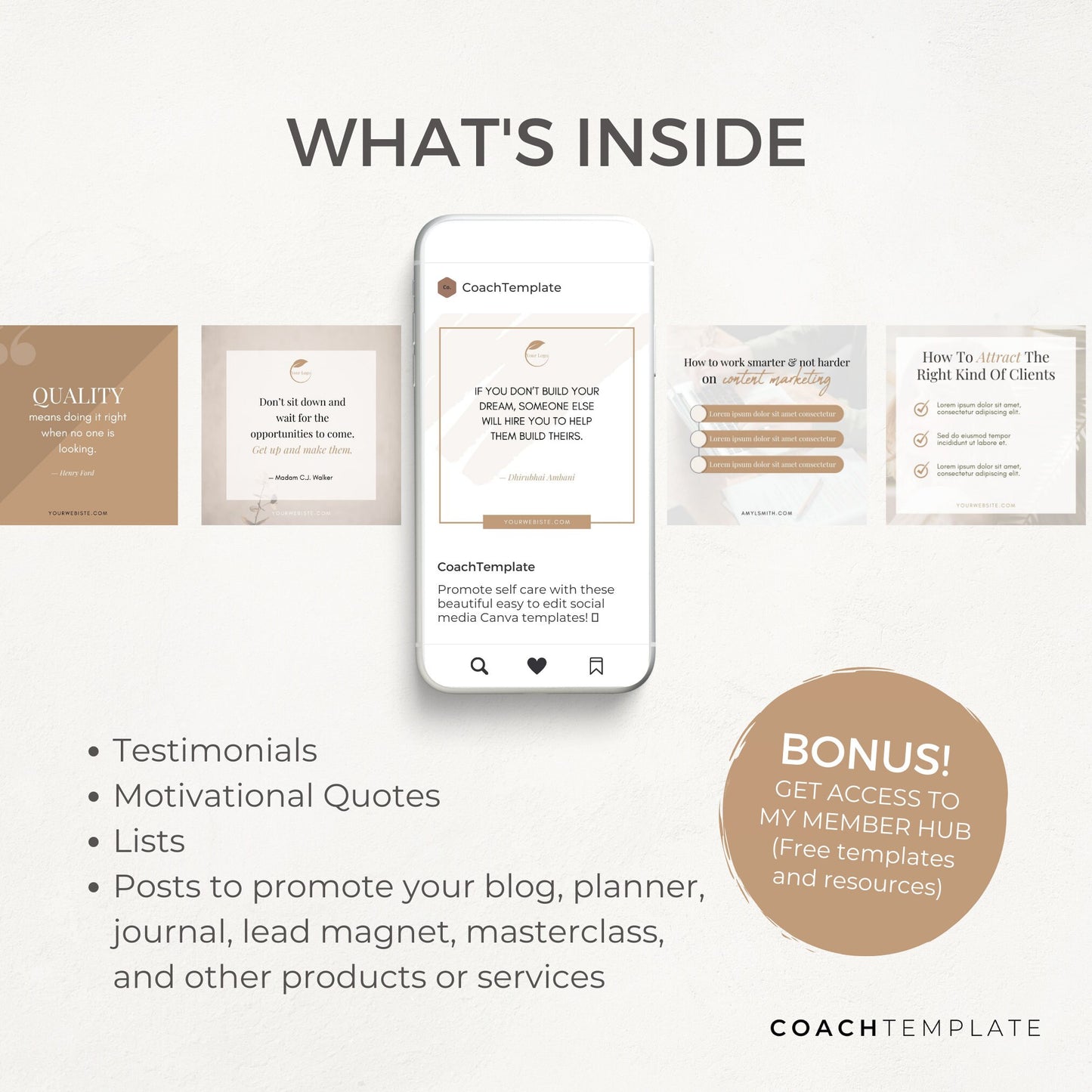 Editable Social Media Posts for Coaches | Canva Template for Life Wellness Business Spiritual Coach Blogger | Testimonials Motivation Quotes Promotional Posts
CT053 CoachTemplate.com