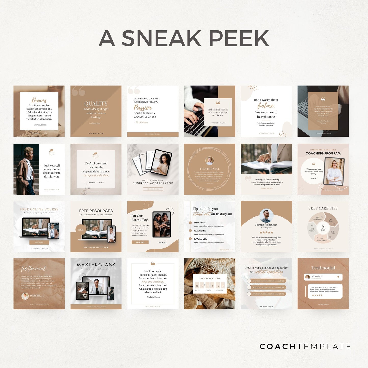Editable Social Media Posts for Coaches | Canva Template for Life Wellness Business Spiritual Coach Blogger | Testimonials Motivation Quotes Promotional Posts
CT053 CoachTemplate.com