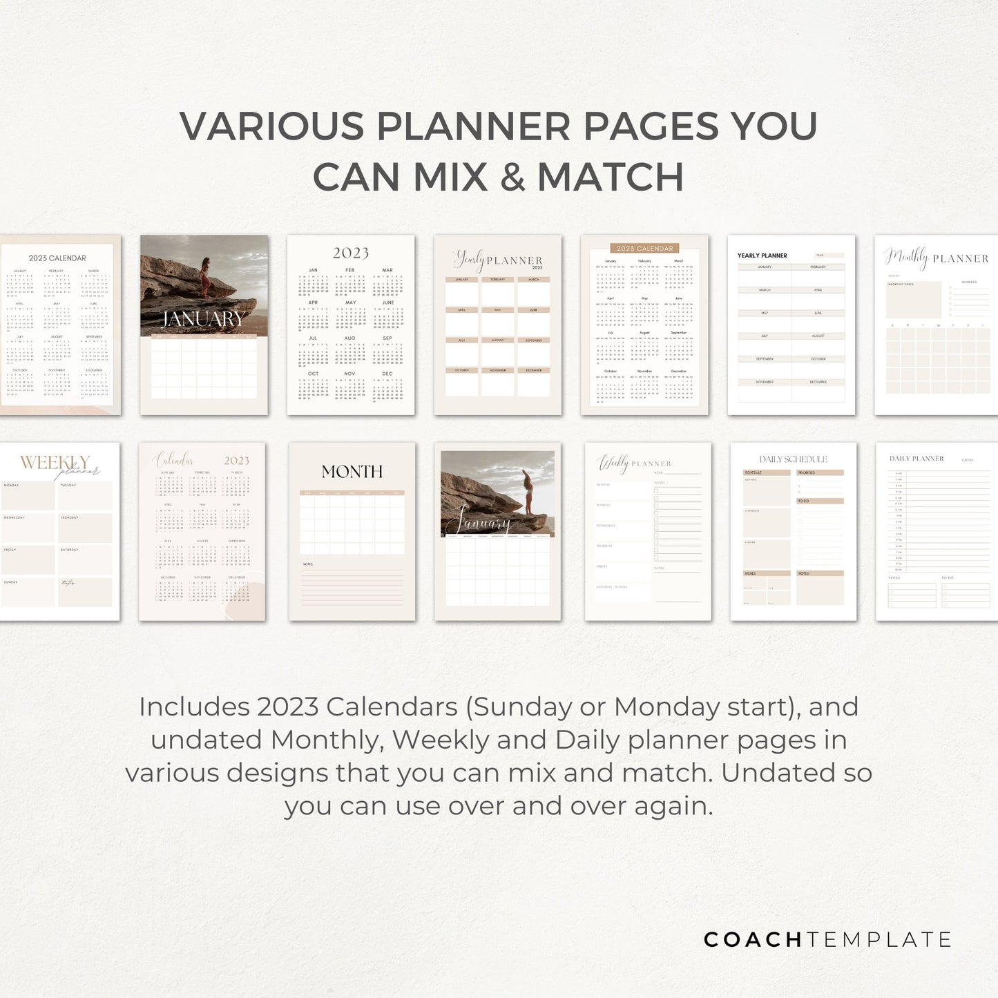 Editable 2023 Calendar Planner Canva Template | Undated Monthly Weekly Daily Planner | Life Coach Business Content Creator Commercial Use
Includes goal productivity habit mood trackers and more.
CT055 CoachTemplate.com