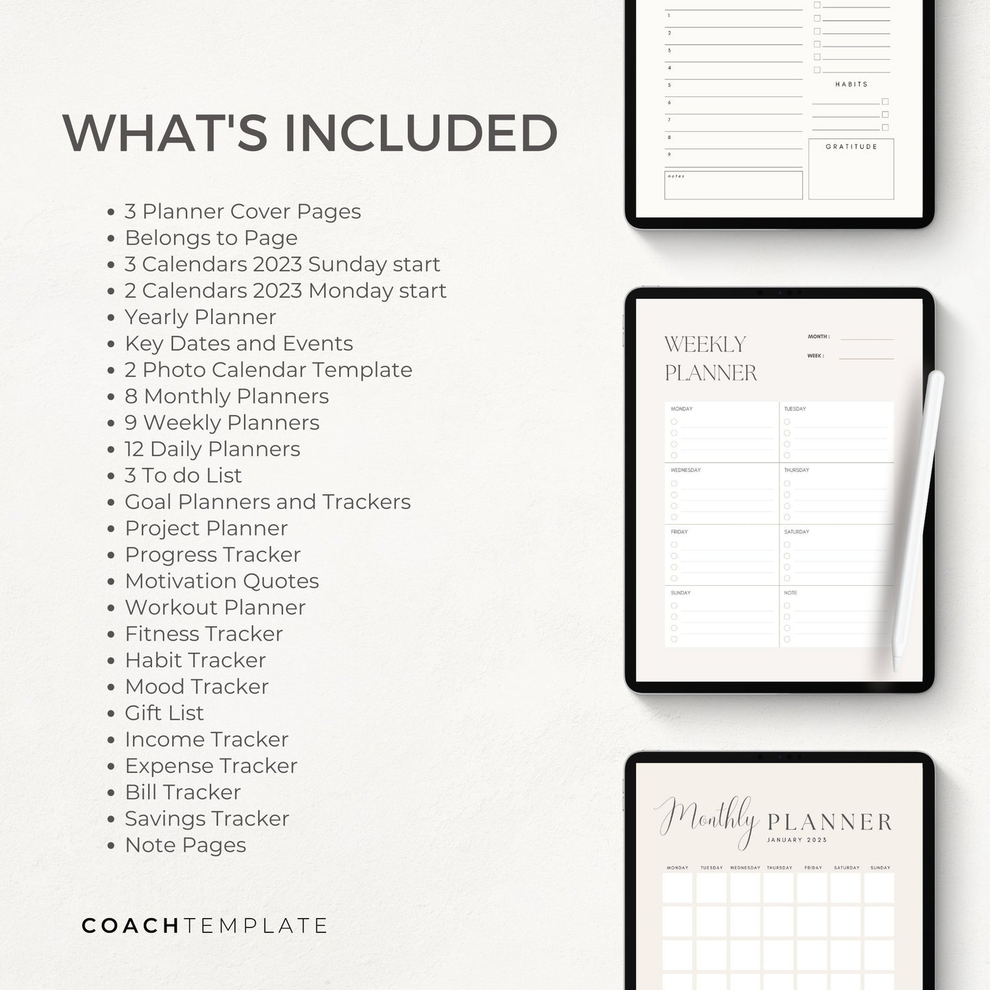 Editable 2023 Calendar Planner Canva Template | Undated Monthly Weekly Daily Planner | Life Coach Business Content Creator Commercial Use
Includes goal productivity habit mood trackers and more.
CT055 CoachTemplate.com