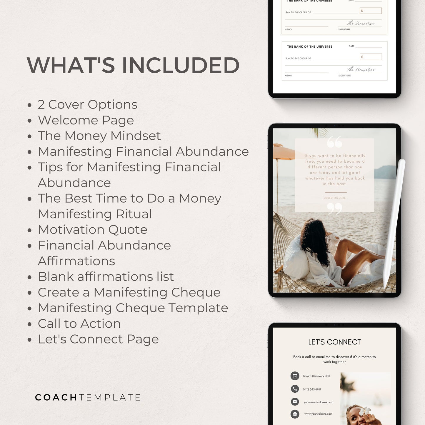 Money Manifesting eBook Canva Template, Financial Abundance Manifestation, Mindset Life Spiritual Wellness Coach or Small Business, Lead Magnet, Commercial Use, Law of Attraction, Done-for-you content with Cheque Template
CoachTemplate.com CT056