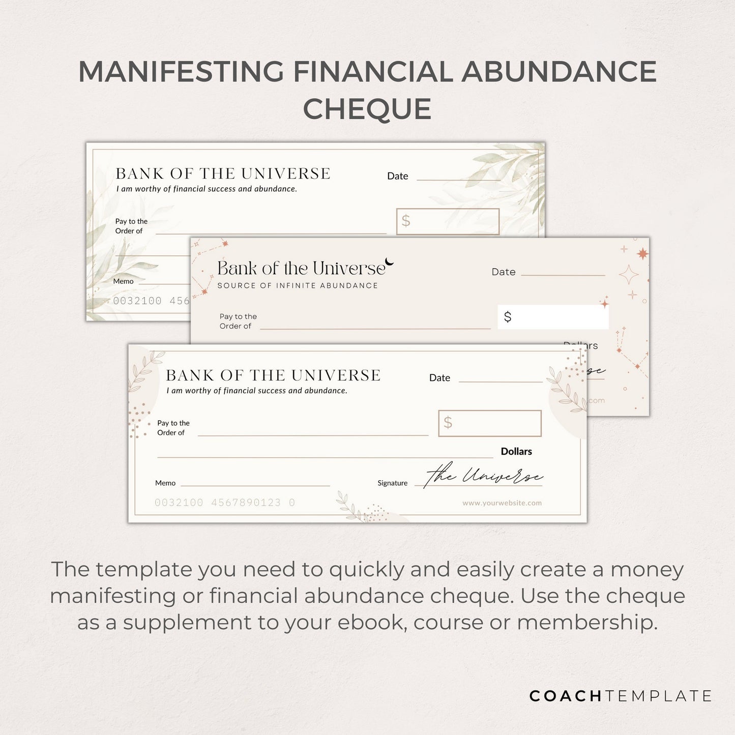 Editable Money Manifesting Cheque, Financial Abundance Manifestation Check Canva Template, Mindset Life Coach Small Business, Commercial Use, Law of Attraction, Done-for-you Content Design Template
CoachTemplate.com CT057