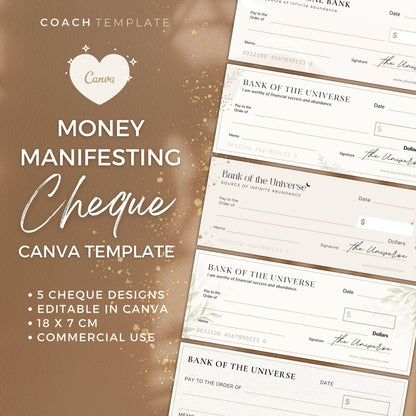 Editable Money Manifesting Cheque, Financial Abundance Manifestation Check Canva Template, Mindset Life Coach Small Business, Commercial Use