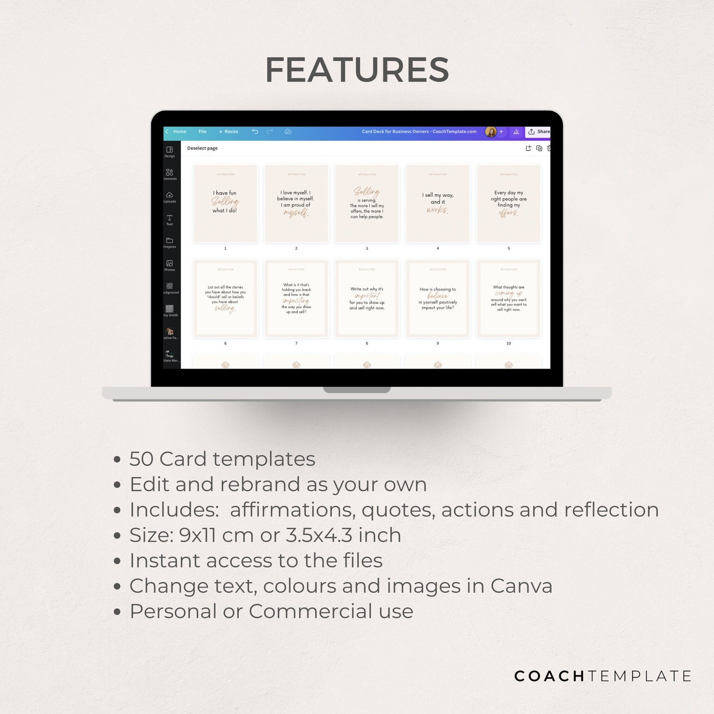 Card Deck Template for Coaching Business | Canva Template with Affirmations Motivational Quotes Activities Journal Prompts | Commercial Use 50 Card deck template for coaches and business owners. By CoachTemplate.com CT059