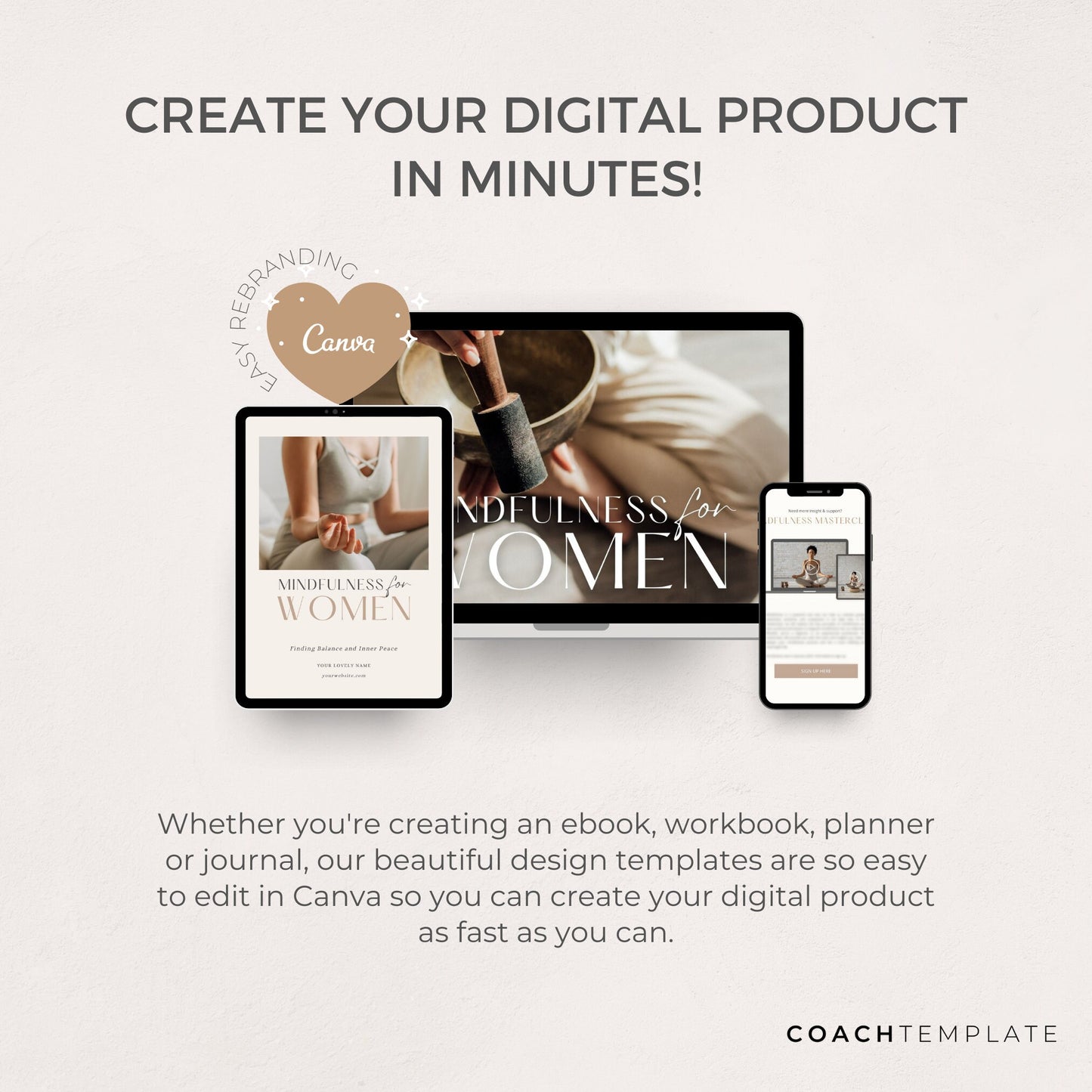Mindfulness for Women Ebook Template Canva, Meditation Journal Mindfulness Template, Mental Health Wellness Coaching Template Lead Magnet, 100% Done for You. Includes content and images. CoachTemplate.com - CT064