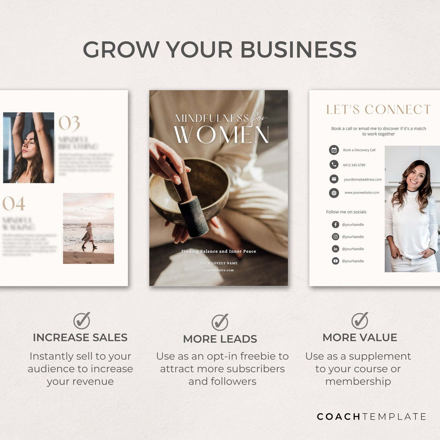 Mindfulness for Women Ebook Template Canva, Meditation Journal Mindfulness Template, Mental Health Wellness Coaching Template Lead Magnet, 100% Done for You. Includes content and images. CoachTemplate.com - CT064