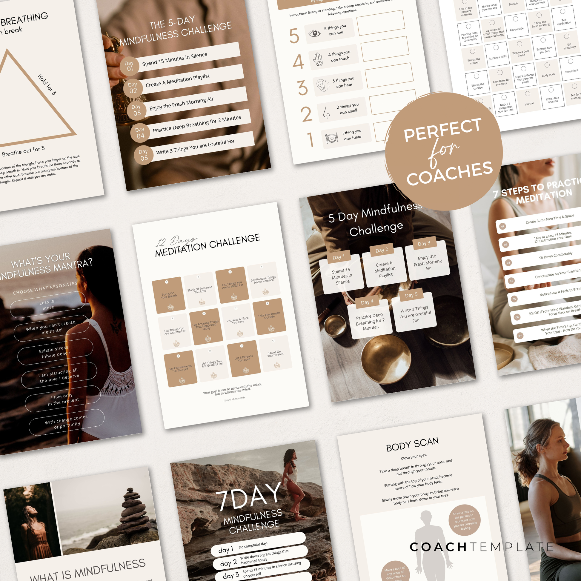 Editable Mindfulness Canva Template with over 80 customisable pages for ebooks, workbooks, planners and journals. Includes daily, weekly, monthly mindfulness and meditation planners, breathing exercises, meditation steps, gratitude prompts, goal trackers, and checklists. Perfect for a mindfulness coach, meditation coach, holistic health and wellness coach, yoga teacher, and spiritual life coach. Fully editable and rebrandable for digital products or lead magnets.