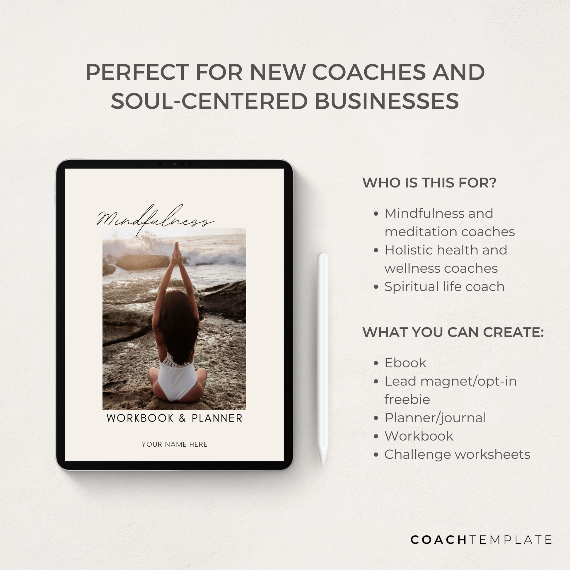 Editable Mindfulness Canva Template with over 80 customisable pages for ebooks, workbooks, planners and journals. Includes daily, weekly, monthly mindfulness and meditation planners, breathing exercises, meditation steps, gratitude prompts, goal trackers, and checklists. Perfect for a mindfulness coach, meditation coach, holistic health and wellness coach, yoga teacher, and spiritual life coach. Fully editable and rebrandable for digital products or lead magnets.