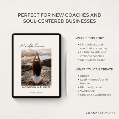 Editable Mindfulness Canva Template with over 80 customisable pages for ebooks, workbooks, planners and journals. Includes daily, weekly, monthly mindfulness and meditation planners, breathing exercises, meditation steps, gratitude prompts, goal trackers, and checklists. Perfect for a mindfulness coach, meditation coach, holistic health and wellness coach, yoga teacher, and spiritual life coach. Fully editable and rebrandable for digital products or lead magnets.