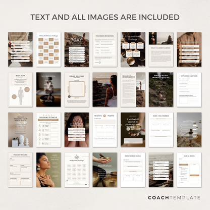 Editable Mindfulness Canva Template with over 80 customisable pages for ebooks, workbooks, planners and journals. Includes daily, weekly, monthly mindfulness and meditation planners, breathing exercises, meditation steps, gratitude prompts, goal trackers, and checklists. Perfect for a mindfulness coach, meditation coach, holistic health and wellness coach, yoga teacher, and spiritual life coach. Fully editable and rebrandable for digital products or lead magnets.