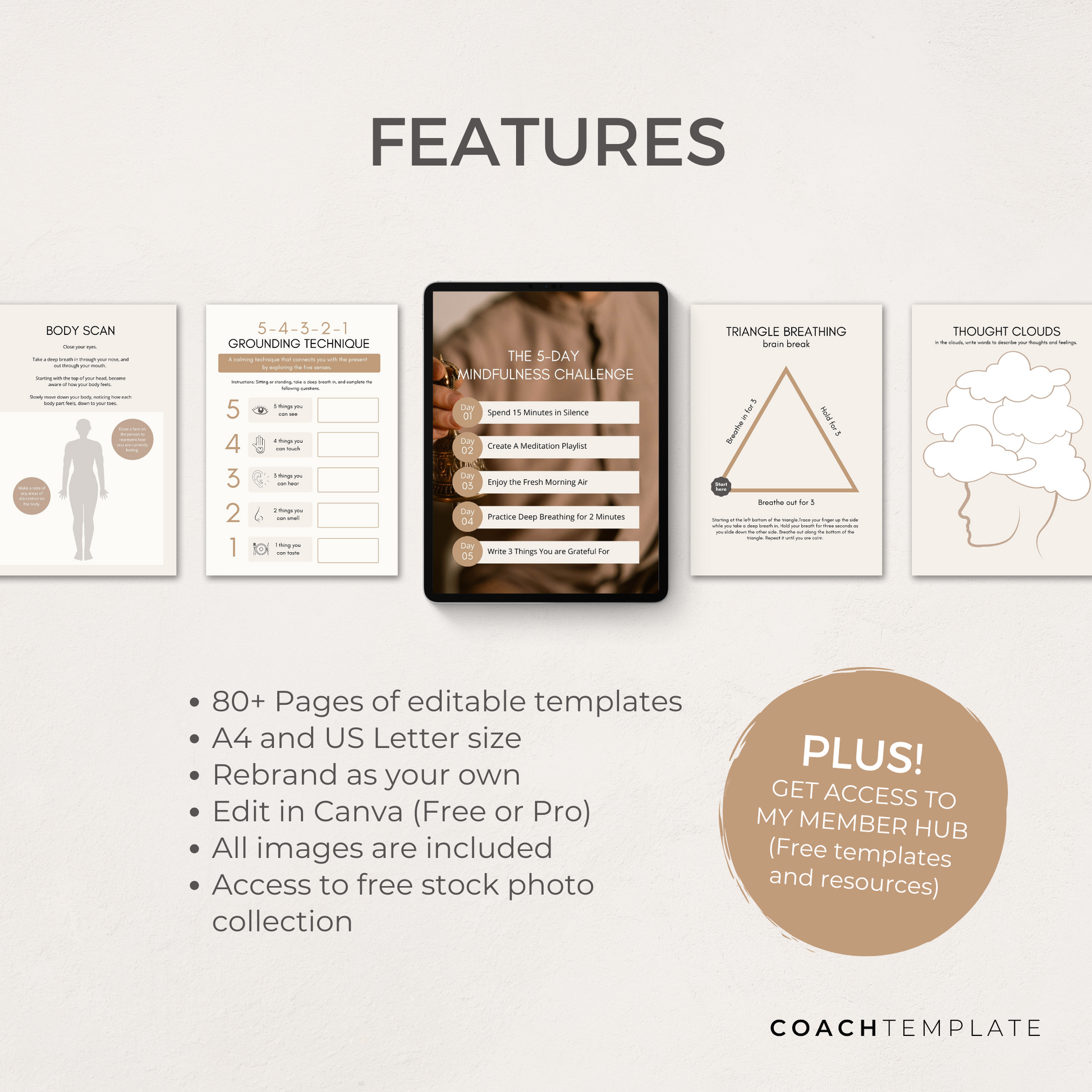 Editable Mindfulness Canva Template with over 80 customisable pages for ebooks, workbooks, planners and journals. Includes daily, weekly, monthly mindfulness and meditation planners, breathing exercises, meditation steps, gratitude prompts, goal trackers, and checklists. Perfect for a mindfulness coach, meditation coach, holistic health and wellness coach, yoga teacher, and spiritual life coach. Fully editable and rebrandable for digital products or lead magnets.
