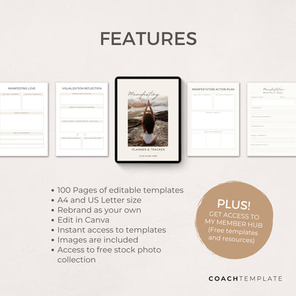 Editable Manifesting ebook Planner Workbook Journal Canva Template | Commercial Use Manifestation Lead Magnet for life, wellness spiritual coach, blogger small business, or content creator. CT039

CoachTemplate.com
