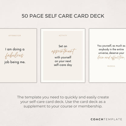 Editable Self Care Card Deck Canva Template | Affirmations Quotes Activities Journal Prompts | Wellness Life Coach Business | Commercial Use CT037

This 50 card template is what you need to quickly and easily create your self-care card deck.