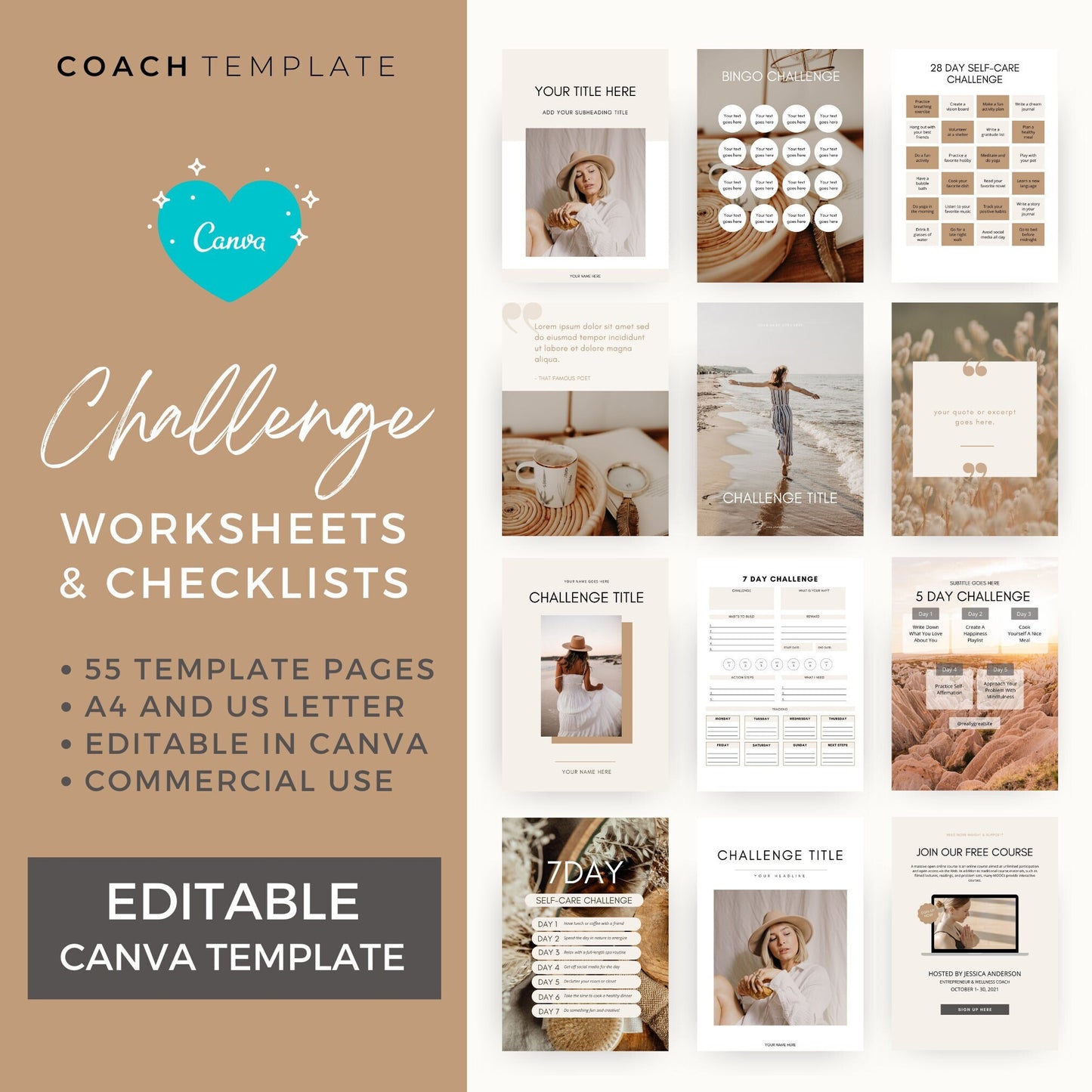 Challenge Worksheet Canva Template | Commercial Use Workbook Lead Magnet for Life Wellness Coach Spiritual business course content creator
