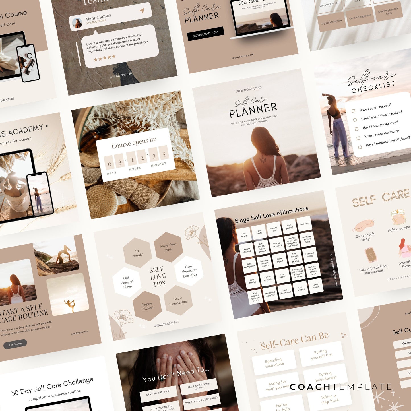 Editable Self Care Instagram Social Media Canva Template | Challenge Lead Magnet for Life Wellness Spiritual Coach Blogger content creator

Everything you need to create social media graphics to promote self care. -CoachTemplate.com CT038