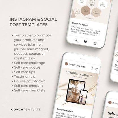 Self Care Product Creator Bundle | Editable Canva Templates to easily create a Self Care Challenge Planner Journal Workbook, Card Deck and Instagram Social Media Posts. Perfect for life wellness spiritual coach practitioner. 

Coachtemplate.com CT040