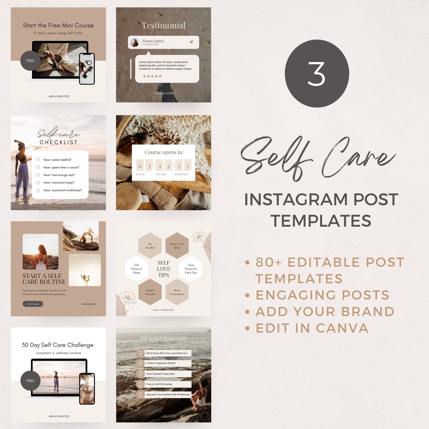 Self Care Product Creator Bundle | Editable Canva Templates to easily create a Self Care Challenge Planner Journal Workbook, Card Deck and Instagram Social Media Posts. Perfect for life wellness spiritual coach practitioner. 

Coachtemplate.com CT040