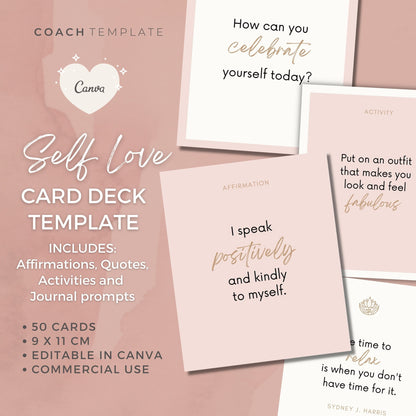 Self Love Card Deck Editable Canva Template | Journal Prompts Affirmations Quotes Activities | Wellness Life Coach Business | Commercial Use