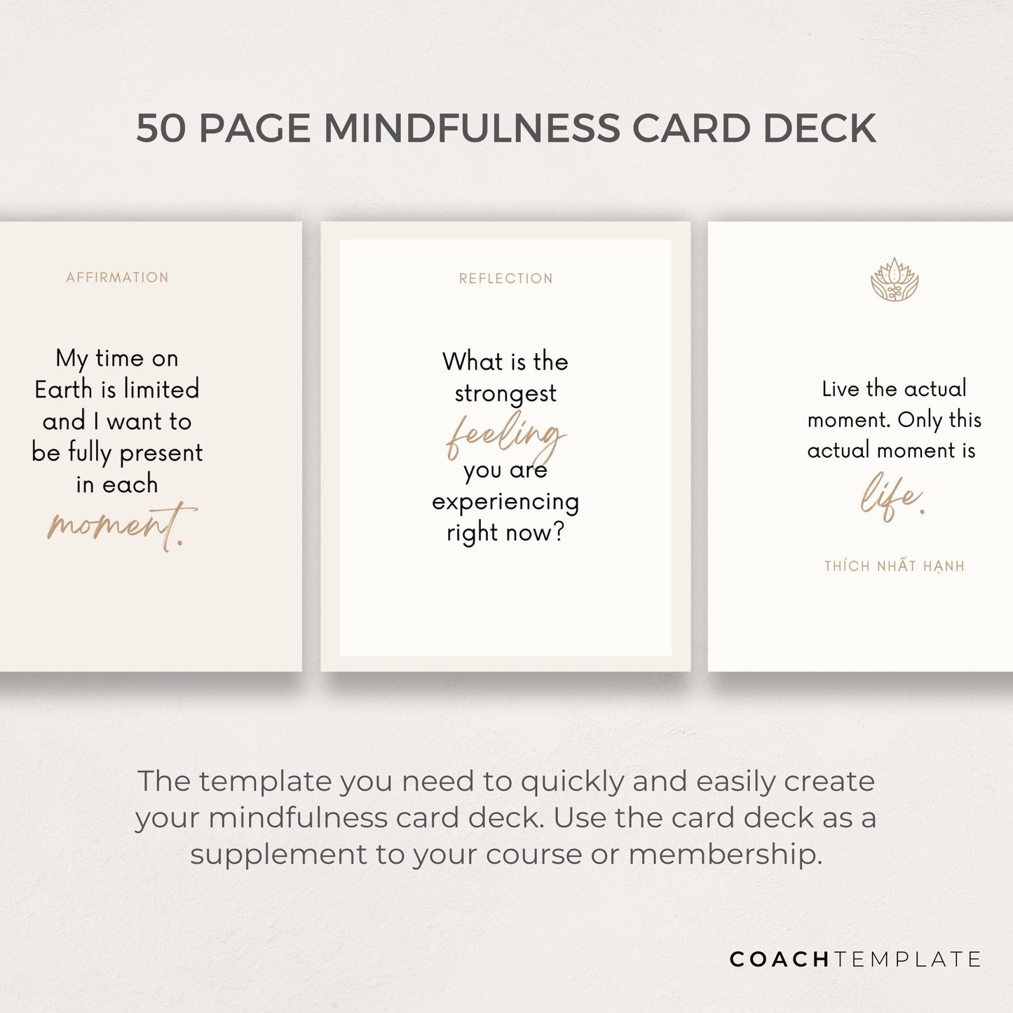 Mindfulness Card Deck Canva Template | Affirmation Quote Activity Journal Prompt | Spiritual Life Wellness Coach | Editable Commercial Use

A 50 card template to quickly and easily create your mindfulness card deck. CoachTemplate.com CT044