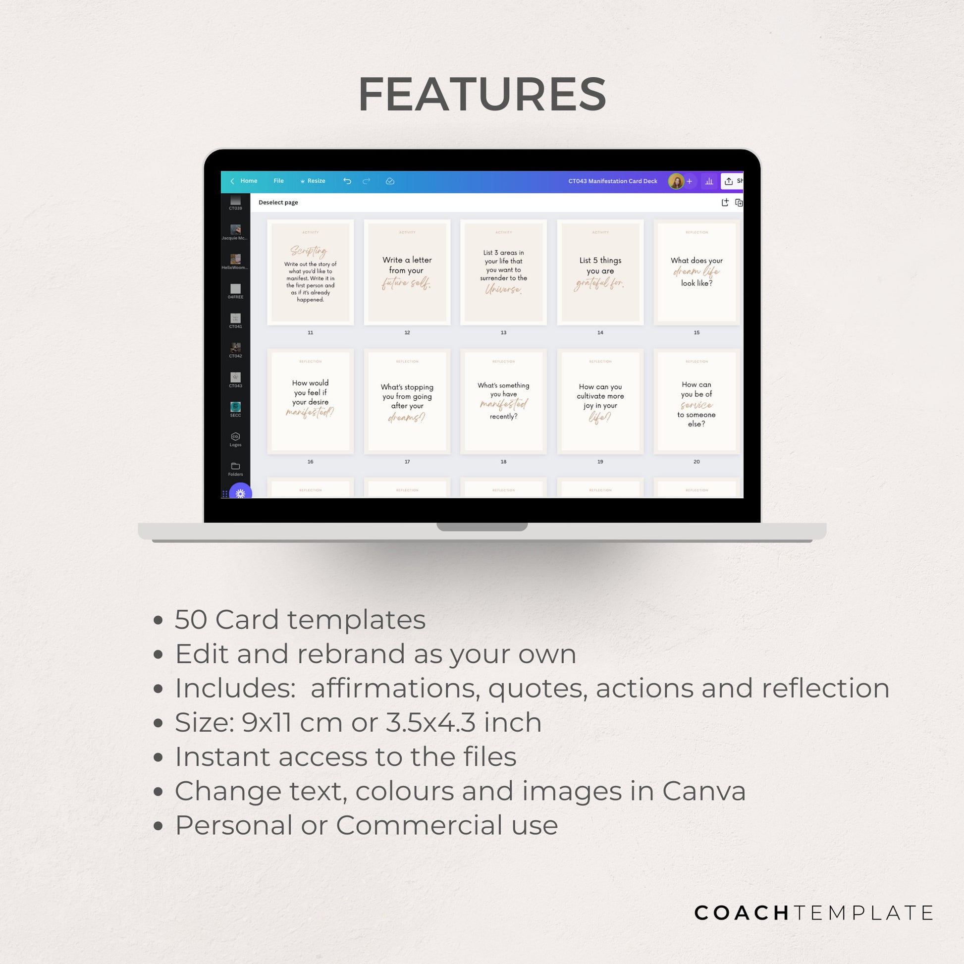 Mindfulness Card Deck Canva Template | Affirmation Quote Activity Journal Prompt | Spiritual Life Wellness Coach | Editable Commercial Use

A 50 card template to quickly and easily create your mindfulness card deck. CoachTemplate.com CT044