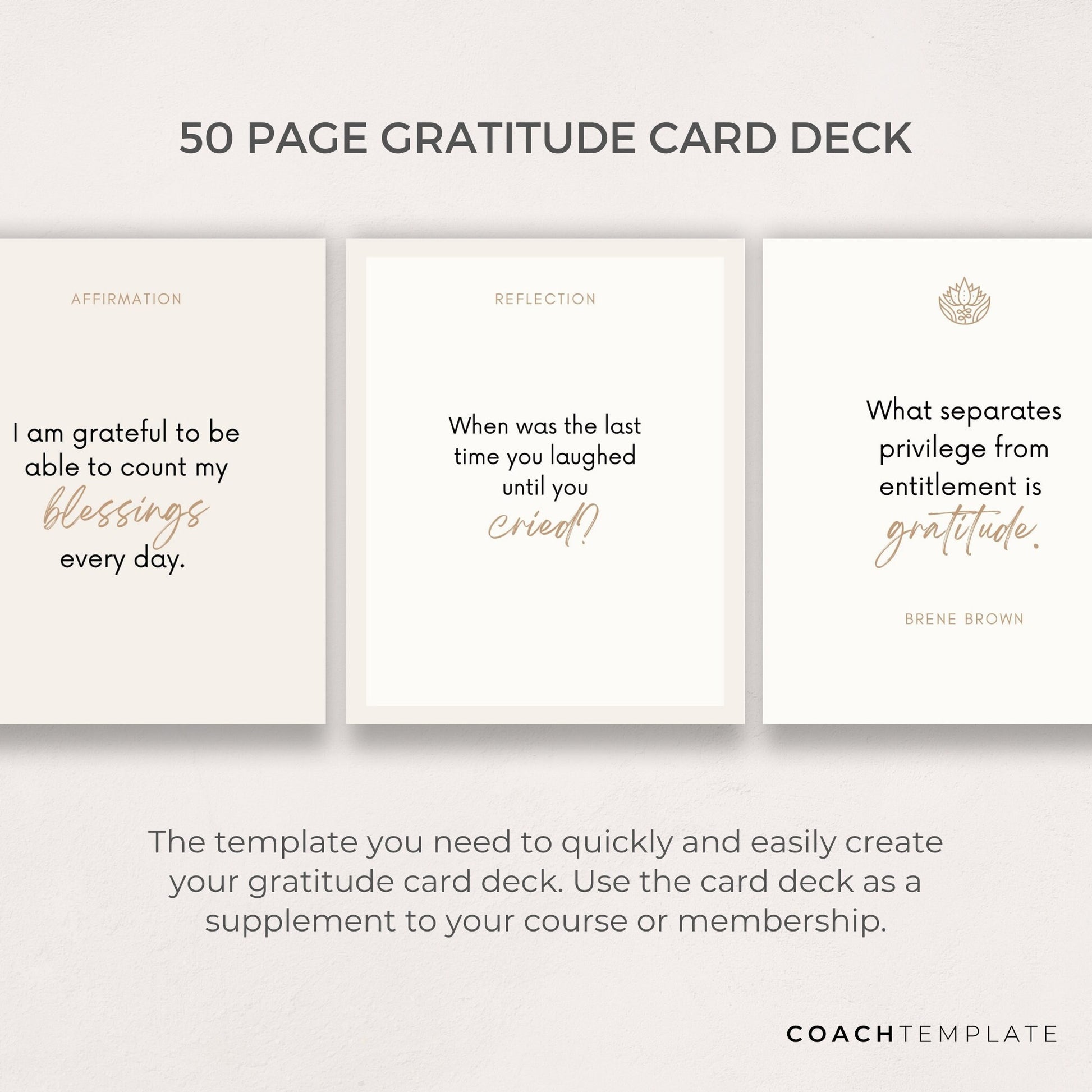 Gratitude Card Deck Canva Template | Gratefulness Affirmation Quote Activity Journal Prompt | Spiritual Life Wellness Coach | Commercial Use

This 50 card template is what you need to easily create a Gratitude card deck. CoachTemplate.com CT045