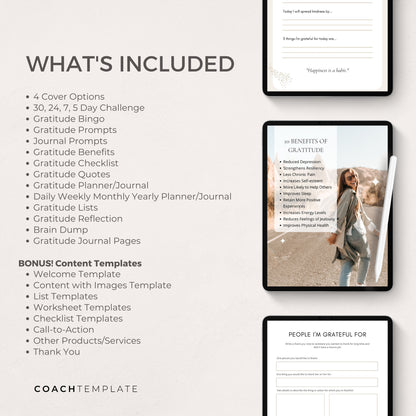 Gratitude Challenge Planner Workbook Journal Editable Canva Template | Life Wellness Spiritual Coach Business Content Creator Commercial Use 

CT046 CoachTemplate.com